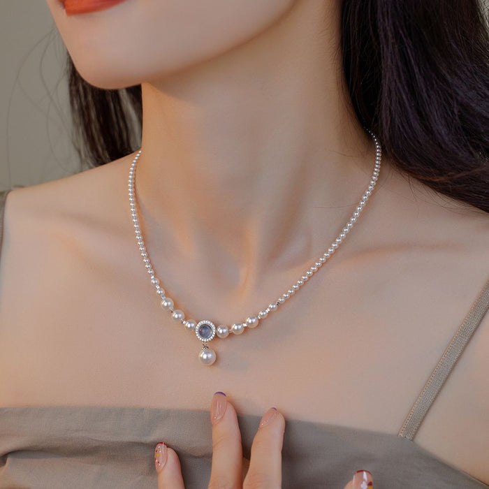 925 Sterling Silver Artificial Pearl Natural Aquamarine Necklace