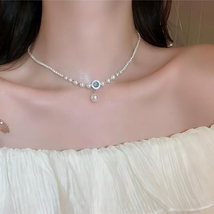 925 Sterling Silver Artificial Pearl Natural Aquamarine Necklace