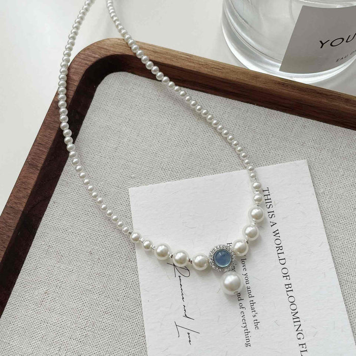 925 Sterling Silver Artificial Pearl Natural Aquamarine Necklace