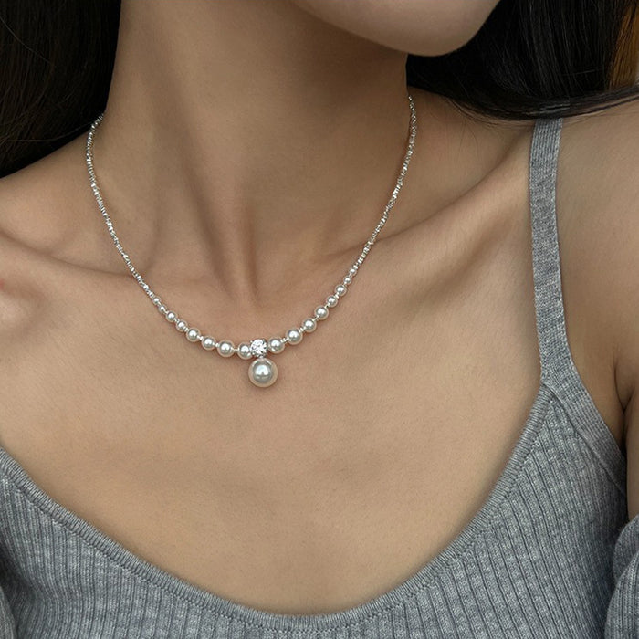 925 Sterling Silver Faux Pearl Crushed Silver Necklace