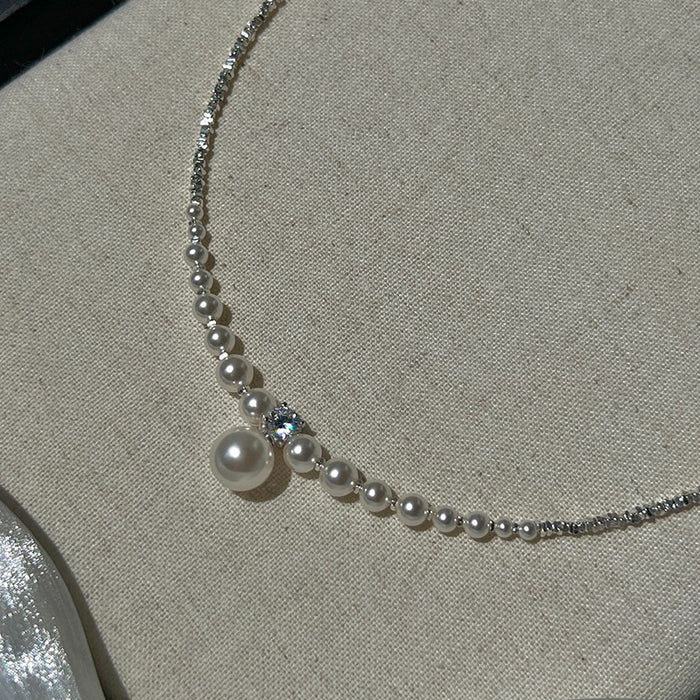 925 Sterling Silver Faux Pearl Crushed Silver Necklace