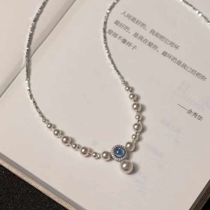925 Sterling Silver Natural Aquamarine Crushed Silver Faux Pearl Necklace