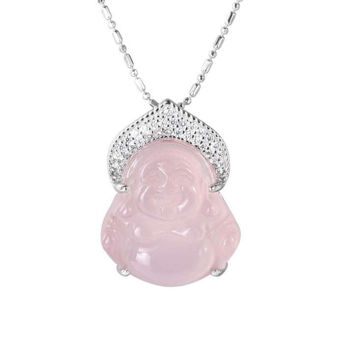 925 Sterling Silver Pink Chalcedony Maitreya Buddha Necklace