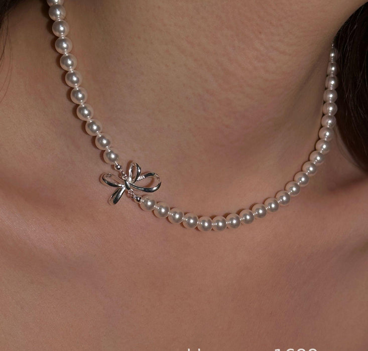 925 Sterling Silver Sweet Bow Pearl Necklace