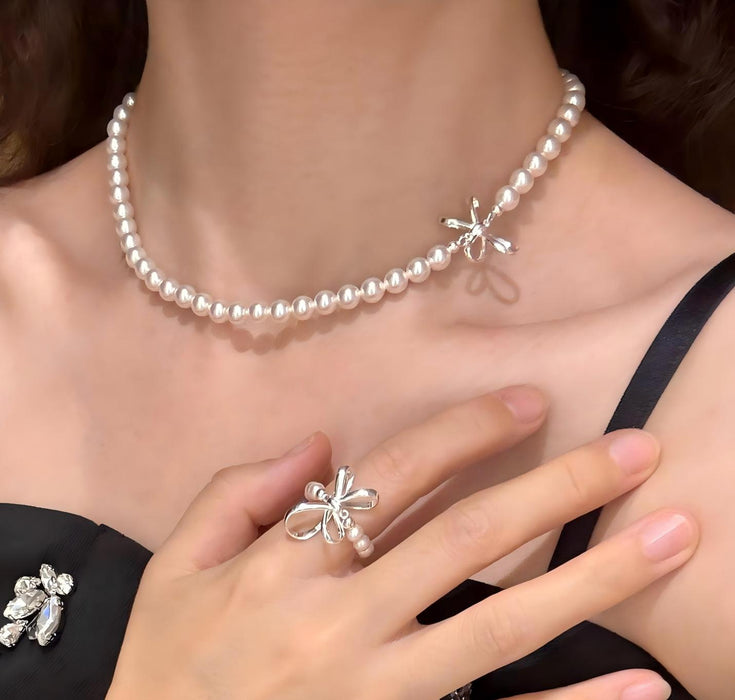 925 Sterling Silver Sweet Bow Pearl Necklace