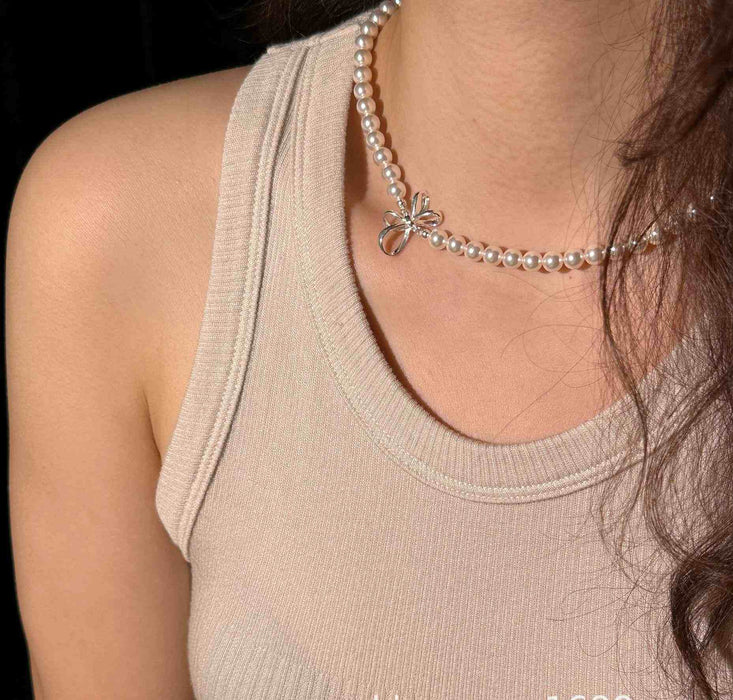925 Sterling Silver Sweet Bow Pearl Necklace