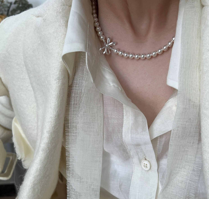 925 Sterling Silver Sweet Bow Pearl Necklace
