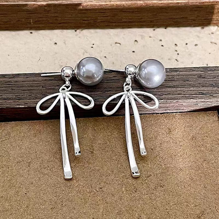 925 silver faux grey pearl bow stud earrings
