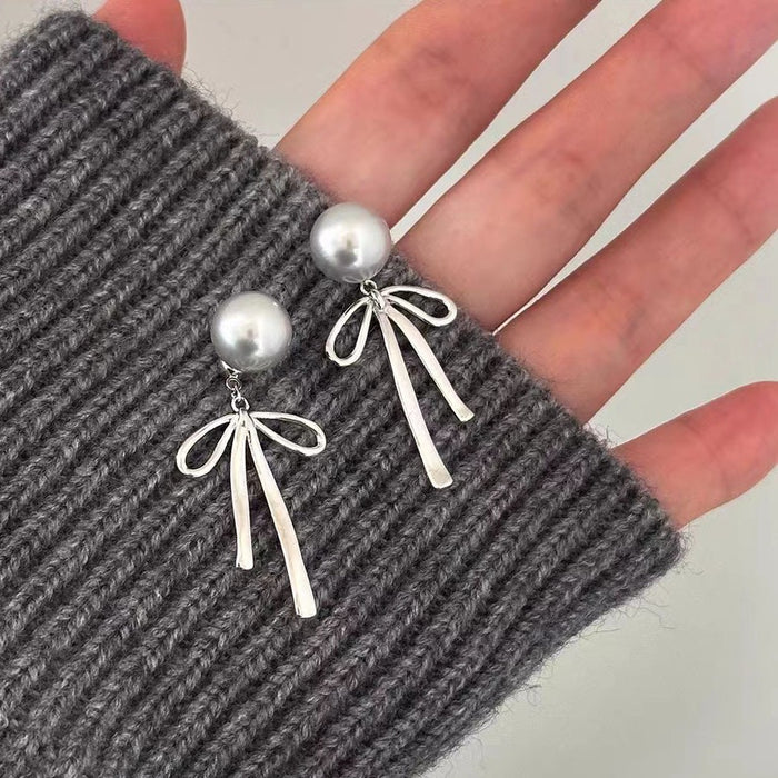 925 silver faux grey pearl bow stud earrings
