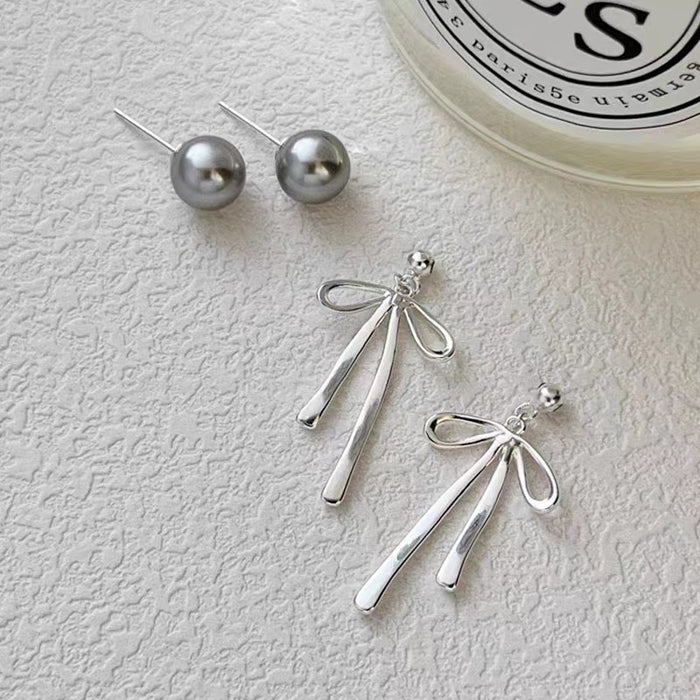 925 silver faux grey pearl bow stud earrings