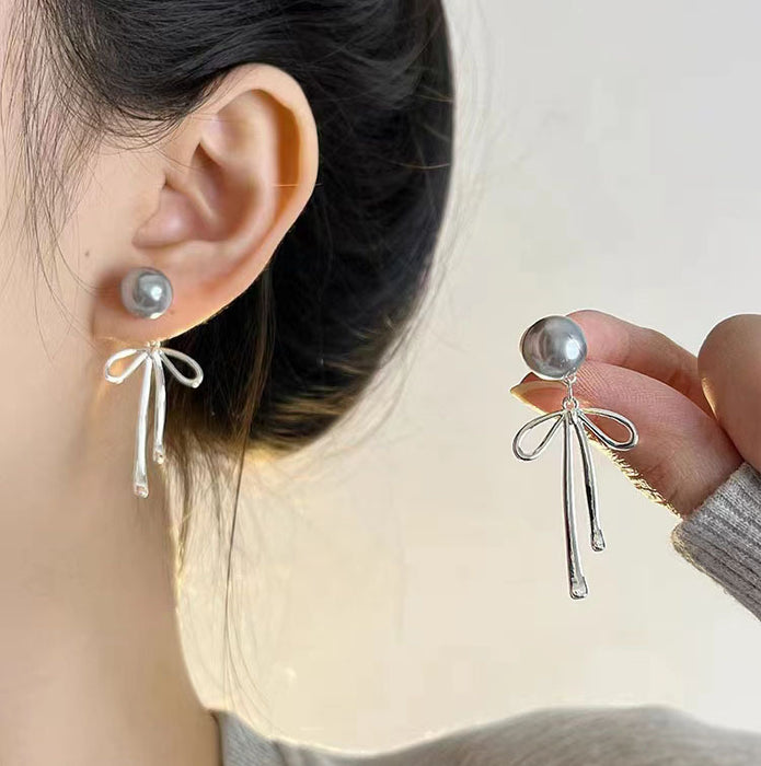 925 silver faux grey pearl bow stud earrings