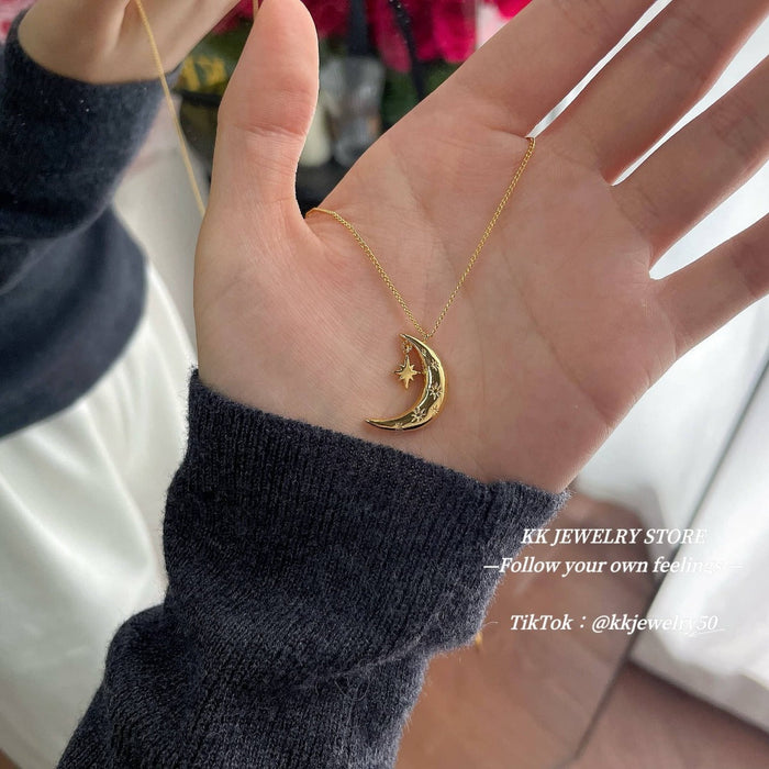 925 Sterling Silver Moon Star Pendant Necklace