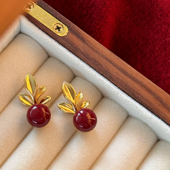 Cherry red pearl leaf stud earrings