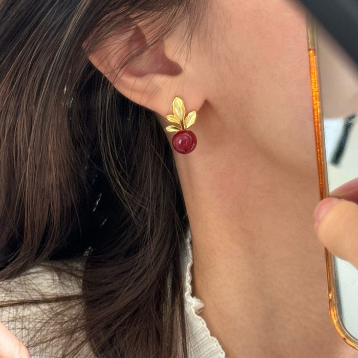 Cherry red pearl leaf stud earrings