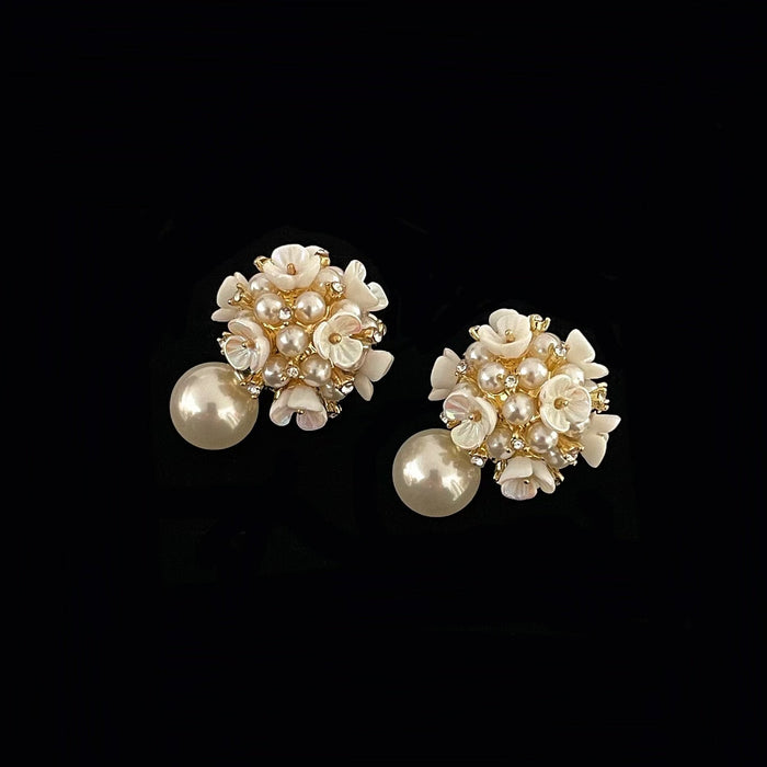 Silver Needle Faux Pearl Aurora Flower Cluster Earrings