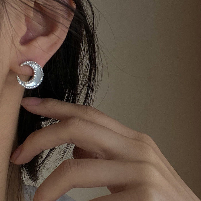 Diamond-Inlaid Shell Moon Stud Earrings