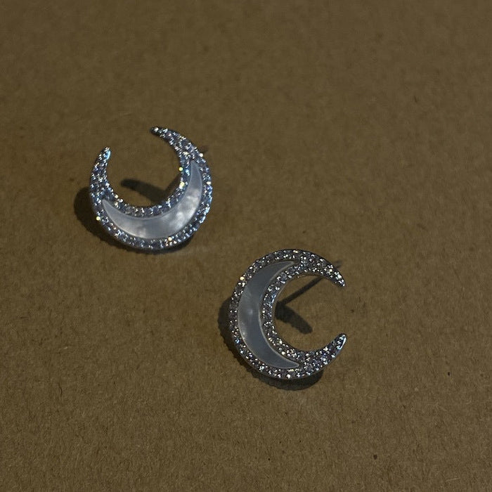 Diamond-Inlaid Shell Moon Stud Earrings