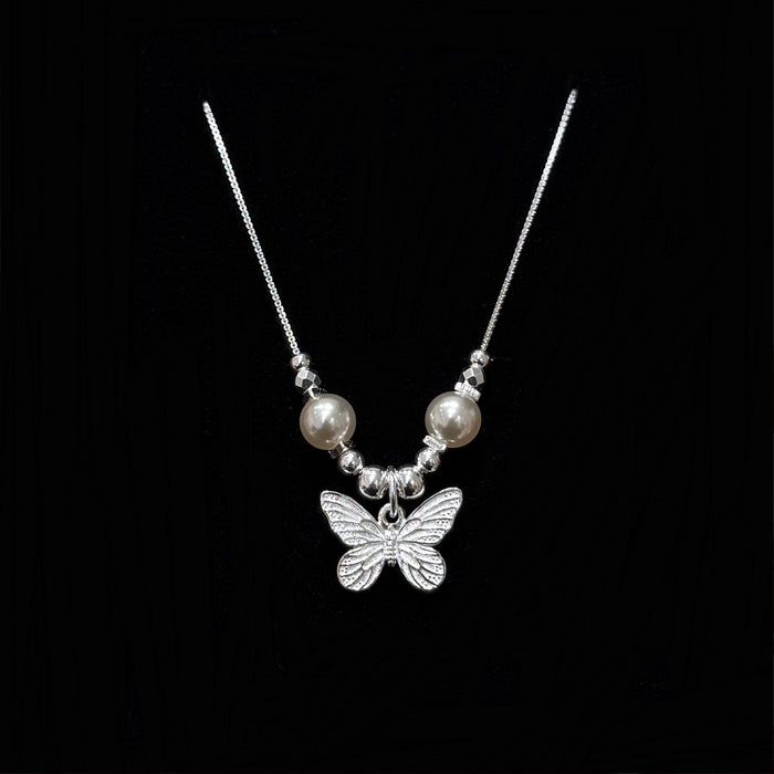 S925 Silver Pearl Butterfly Texture Necklace