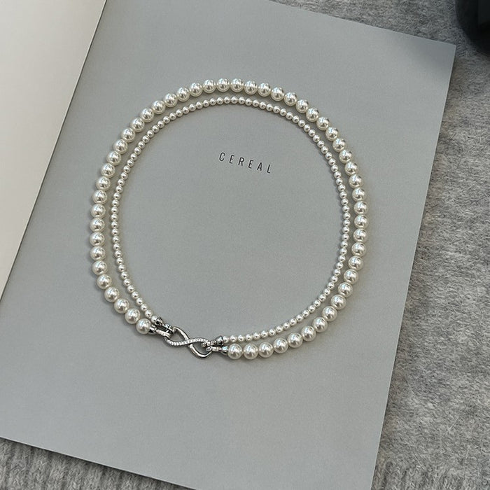 Figure-Eight Clasp Gray Double-Layered Pearl Necklace