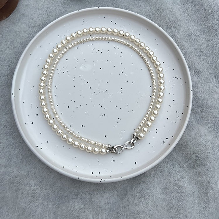 Figure-Eight Clasp Gray Double-Layered Pearl Necklace