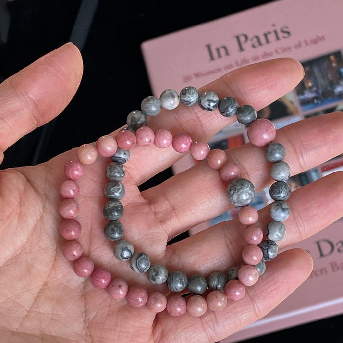 Gray pink natural rosestone map stone bracelet