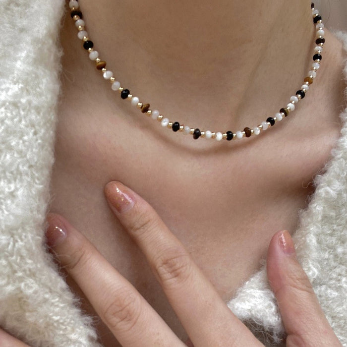 Natural Black Onyx Beaded Metal Pendant Clavicle Necklace