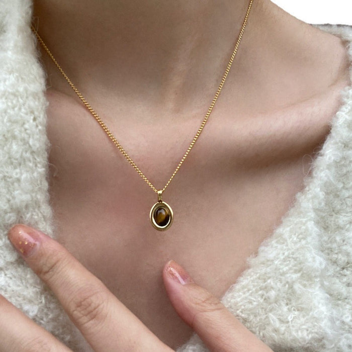 Natural Black Onyx Beaded Metal Pendant Clavicle Necklace