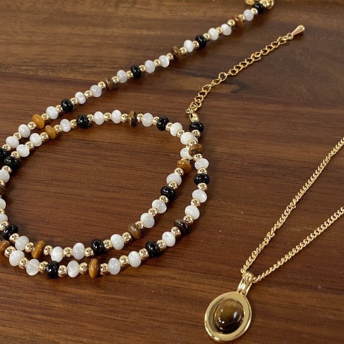 Natural Black Onyx Beaded Metal Pendant Clavicle Necklace