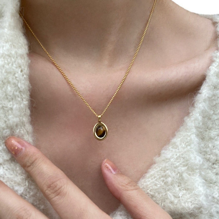 Natural Black Onyx Beaded Metal Pendant Clavicle Necklace