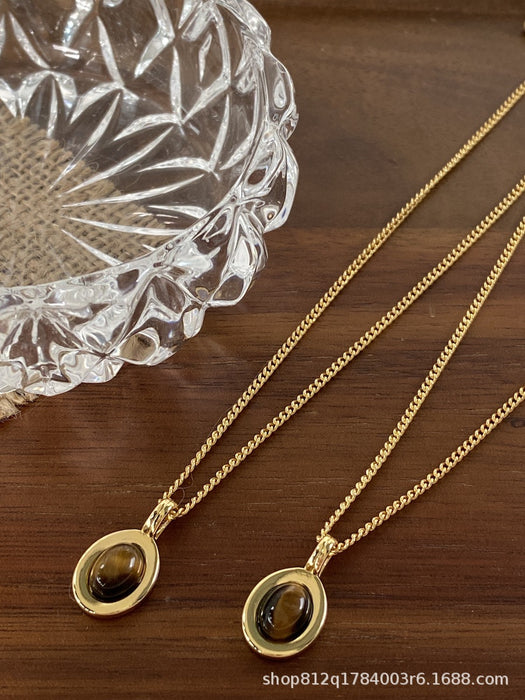 Natural Black Onyx Beaded Metal Pendant Clavicle Necklace