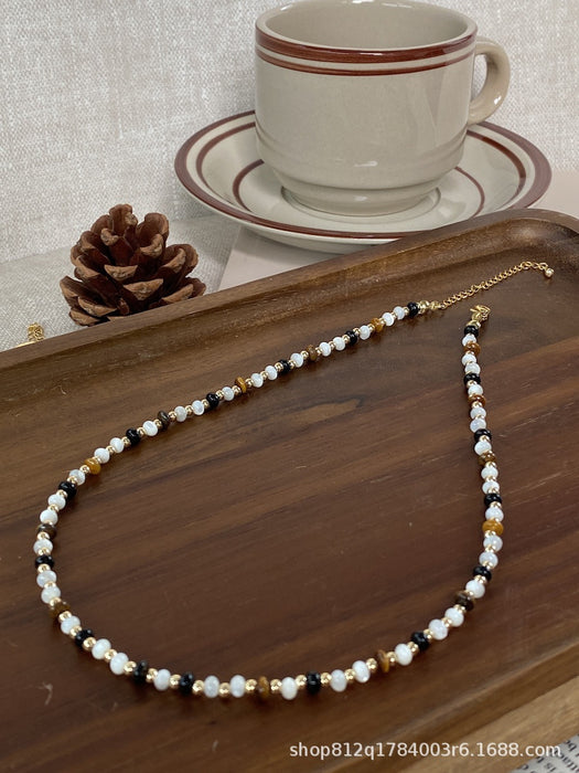 Natural Black Onyx Beaded Metal Pendant Clavicle Necklace