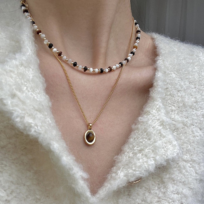 Natural Black Onyx Beaded Metal Pendant Clavicle Necklace