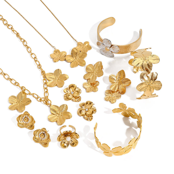 Stainless Steel Flower Necklace Earrings Pearl Ring Open Bracelet