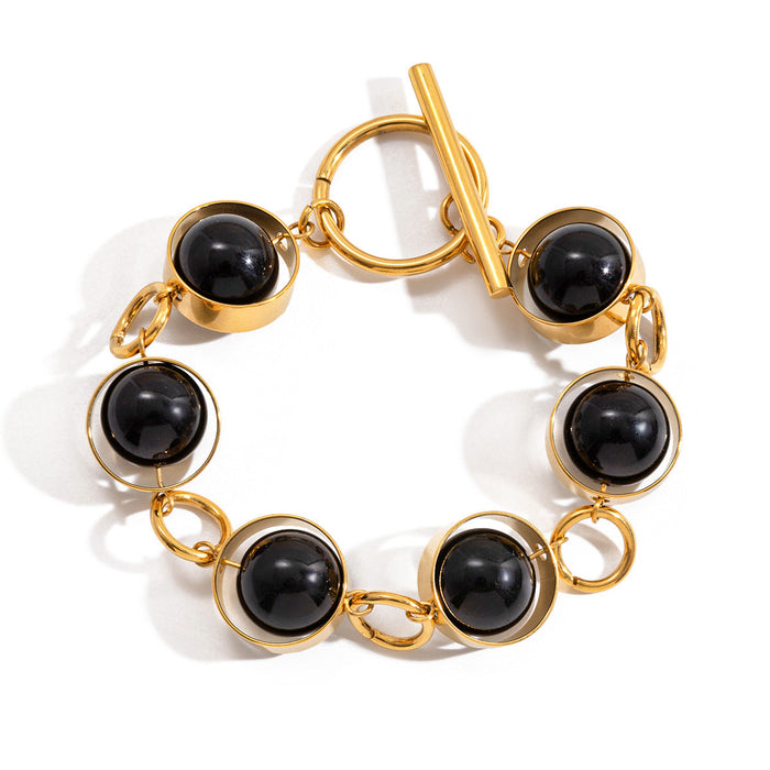 Stainless steel black glass bead OT buckle bracelet