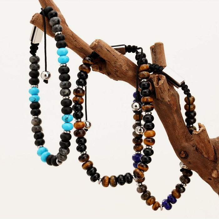 Natural blue and gold yellow tiger eye beaded adjustable men's bracelet