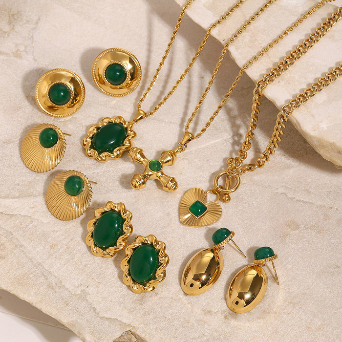 Stainless steel emerald natural stone pendant necklace