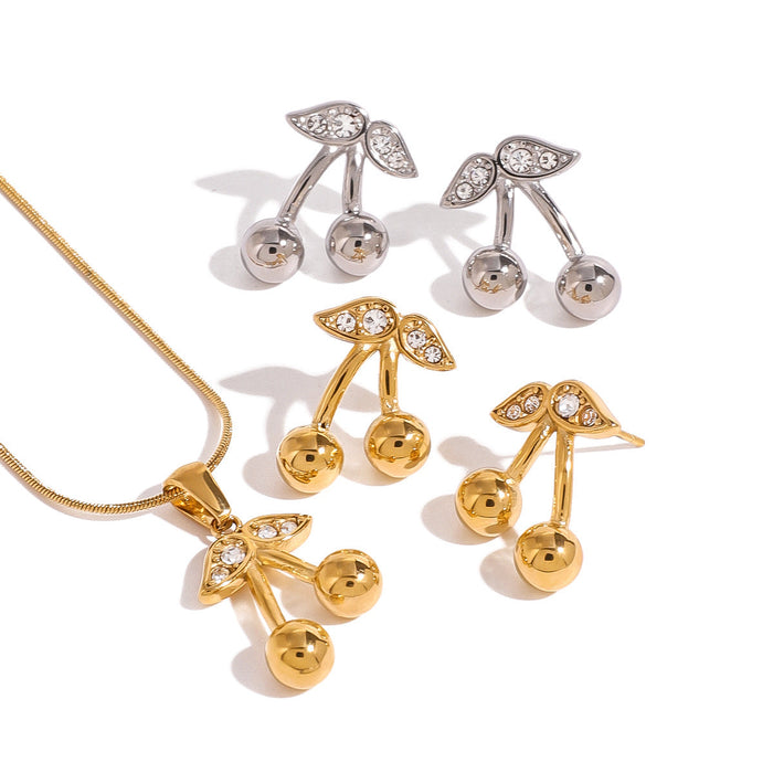 Cherry Set Stainless Steel Stud Earrings Necklace