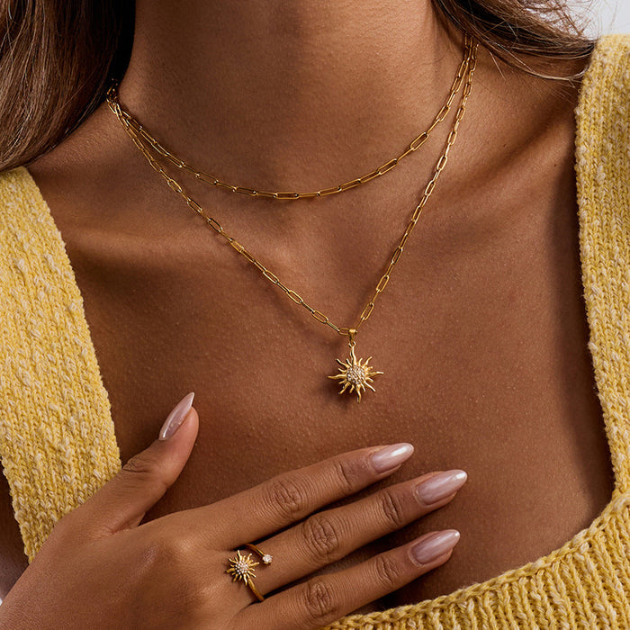 Titanium steel sun necklace ring earrings