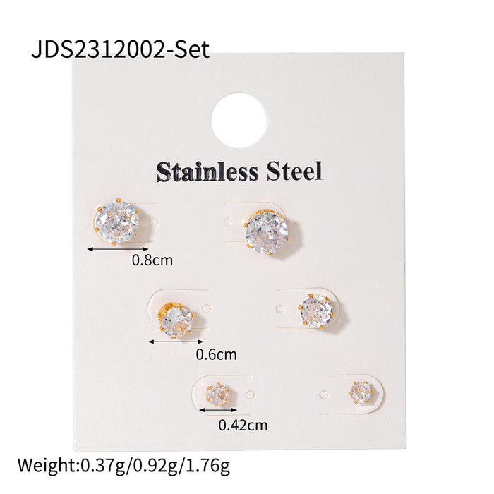 Three pairs of stainless steel zircon stud earrings