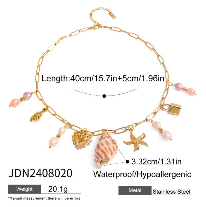 Stainless Steel Love Pearl Pendant Pink Vacation Ocean Necklace