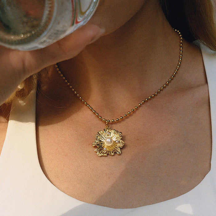 Golden Titanium Steel Imitation Pearl Flower Necklace