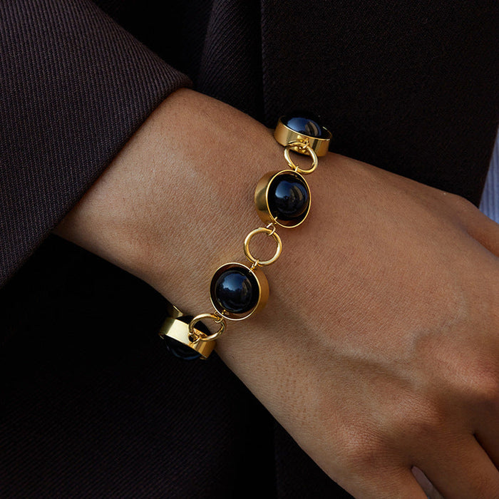 Stainless steel black glass bead OT buckle bracelet