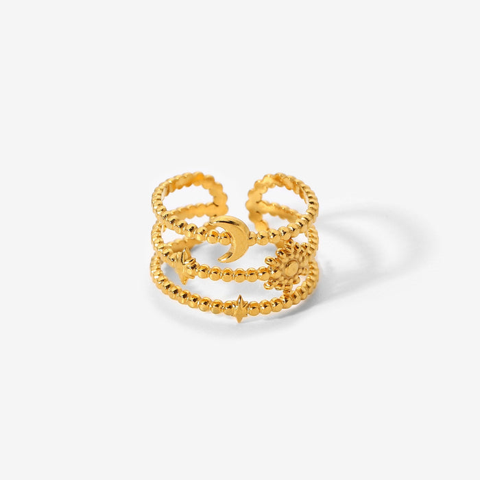 Three-layer star and moon open ring stainless steel