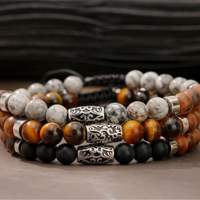 Men's beaded adjustable yellow tiger eye black agate map stone bracelet