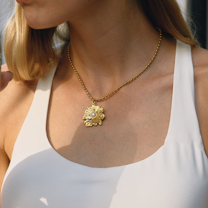 Golden Titanium Steel Imitation Pearl Flower Necklace