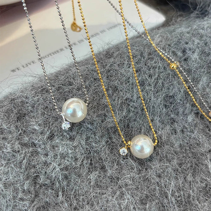 S925 Sterling Silver Single Diamond Imitation Pearl Necklace