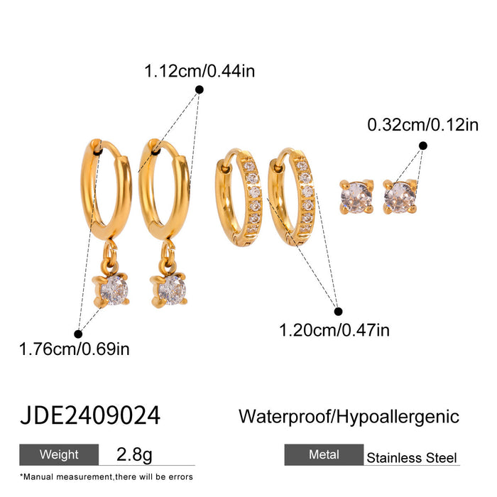 Three pairs of stainless steel zircon stud earrings