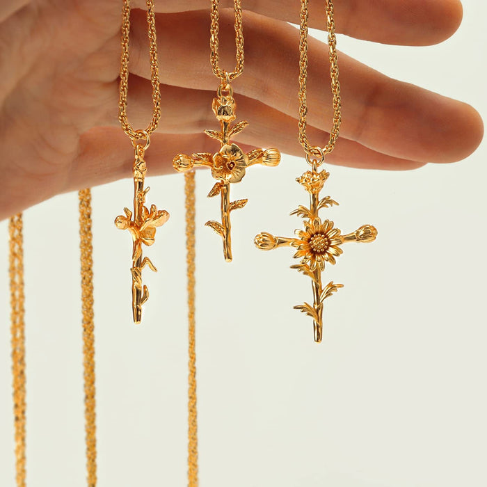 December Flower Cross Birth Flower Necklace