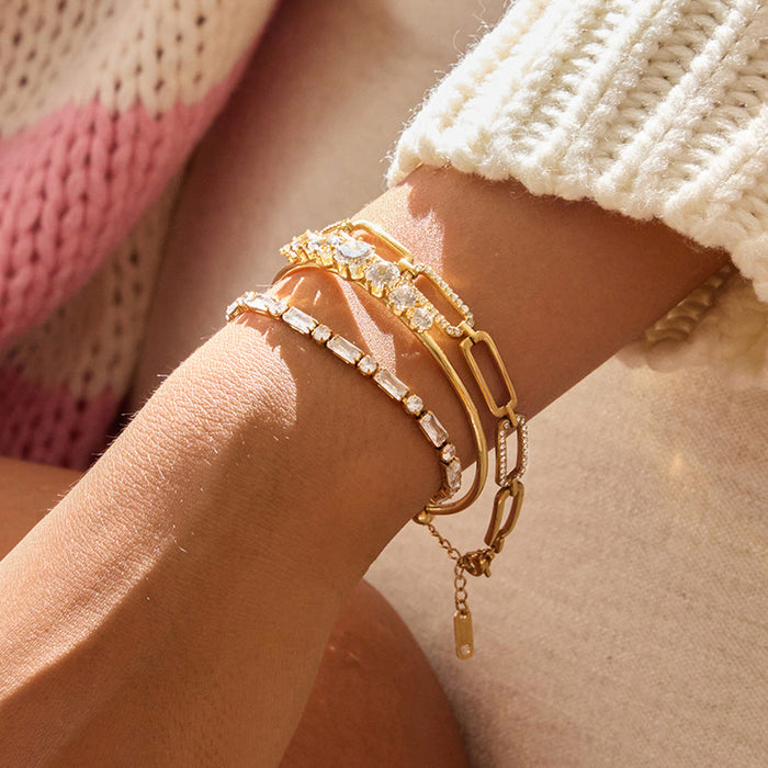 Round White Zircon Open Stainless Steel Bracelet