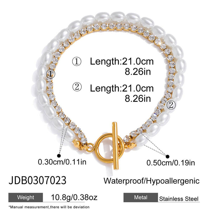 Stainless steel imitation pearl rice bead chain double layer OT buckle double layer bracelet